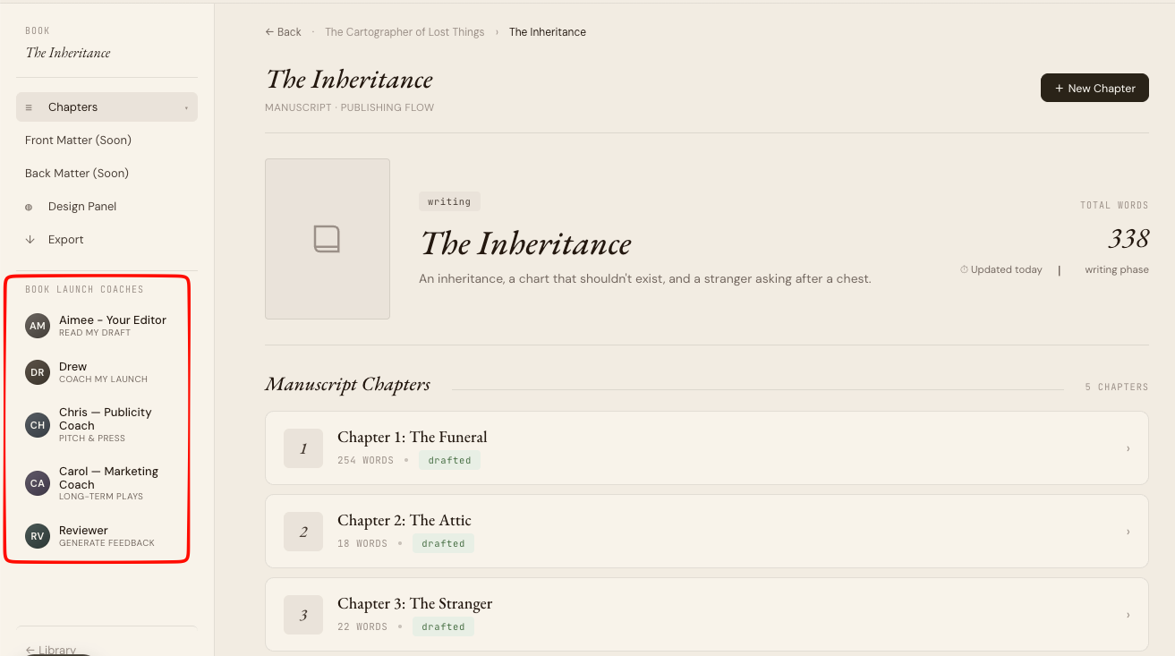 Book detail view with five named AI launch coaches in a sidebar