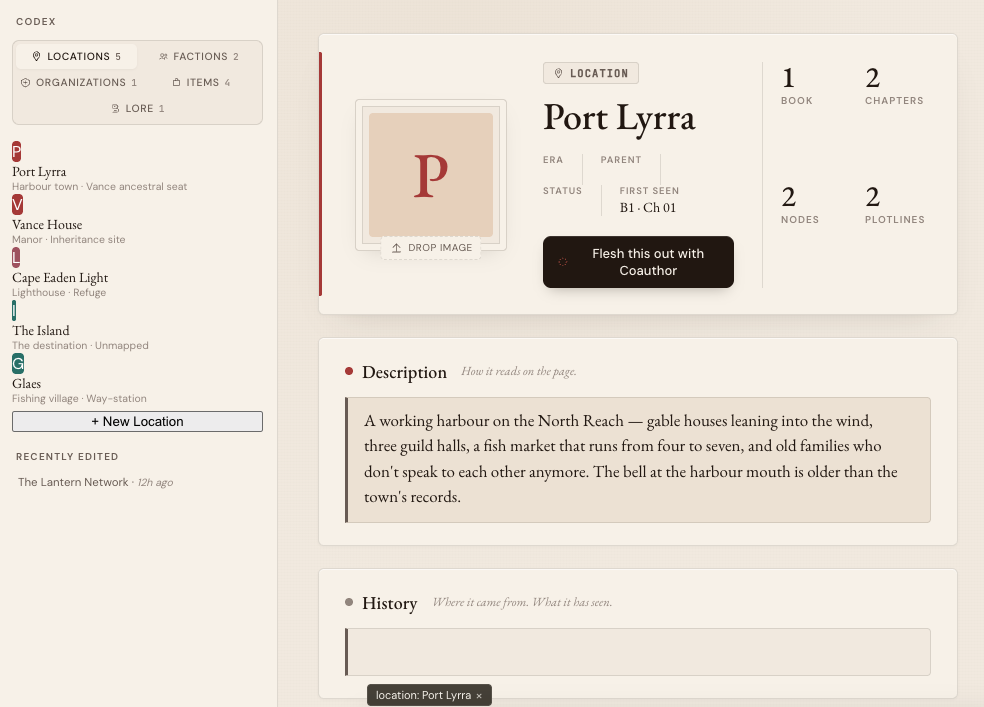 Codex entry for Port Lyrra showing cross-references to books, chapters, nodes, and plotlines
