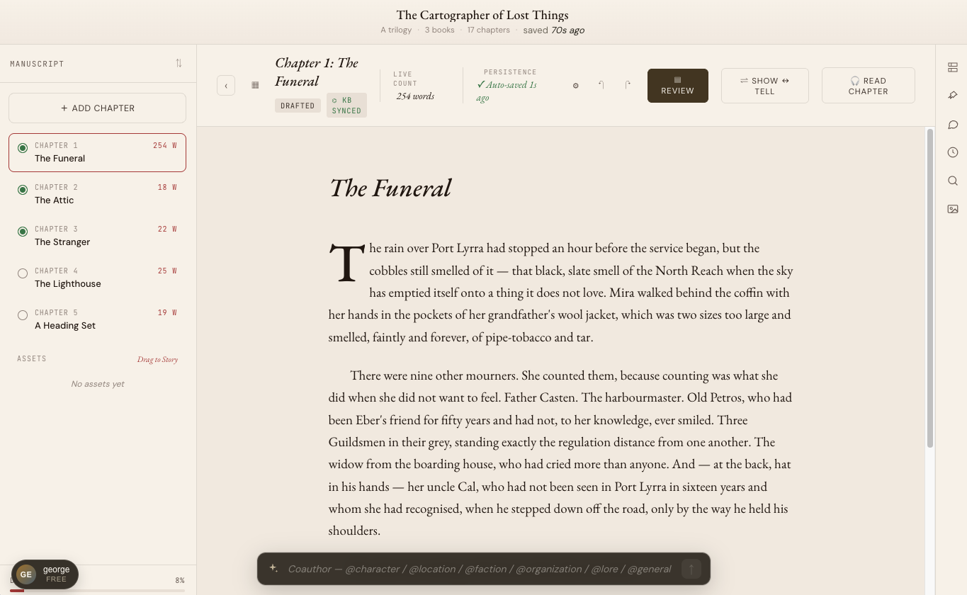 The Writer canvas with chapter sidebar, KB-synced indicator, and Coauthor input bar