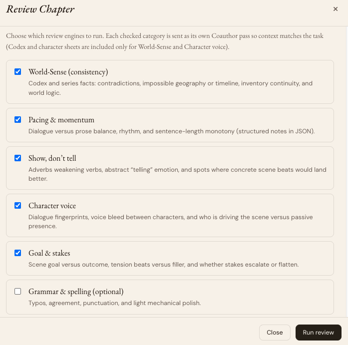 Review Chapter modal listing six selectable review engines